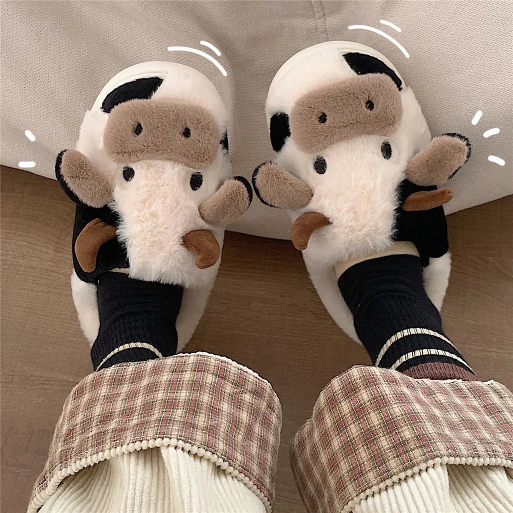 GR | Plush Slippers with Animal Cow Design for Women