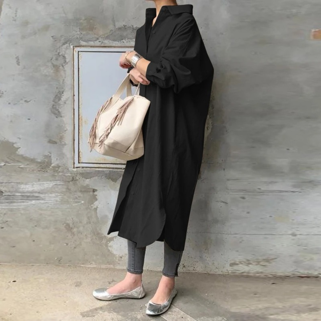GR | Solid Color Long Shirt Dress with Collar