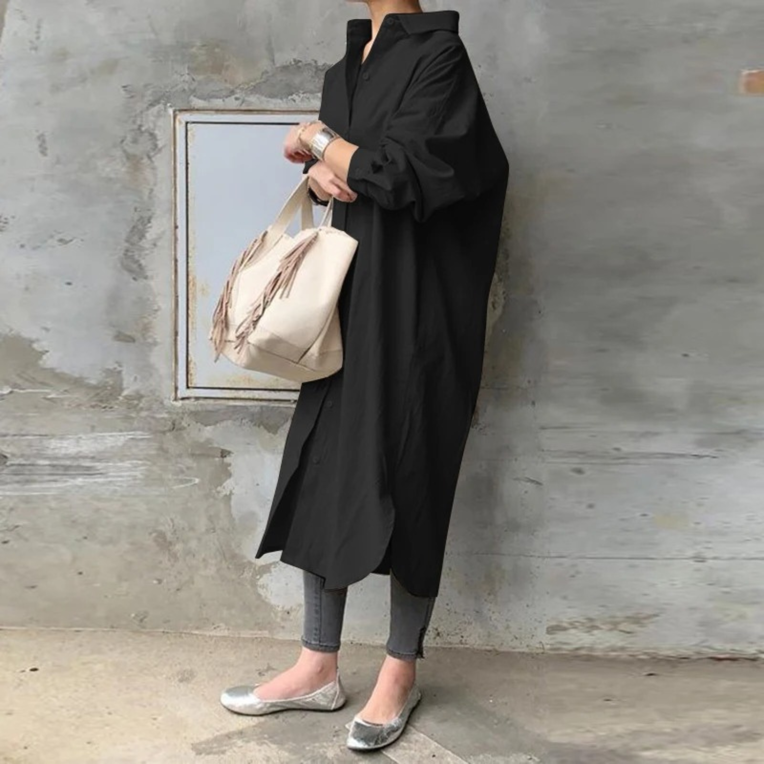GR | Solid Color Long Shirt Dress with Collar