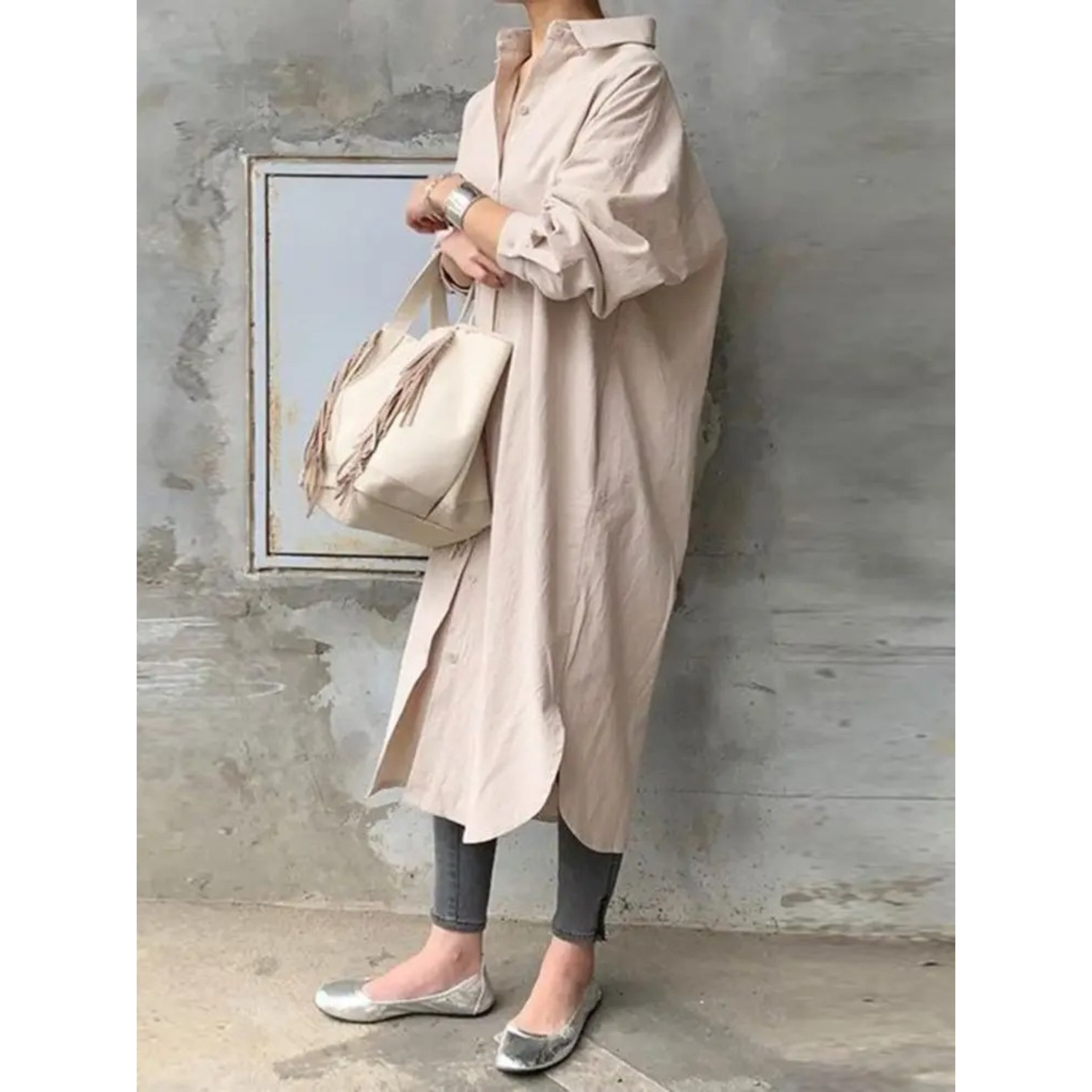 GR | Solid Color Long Shirt Dress with Collar