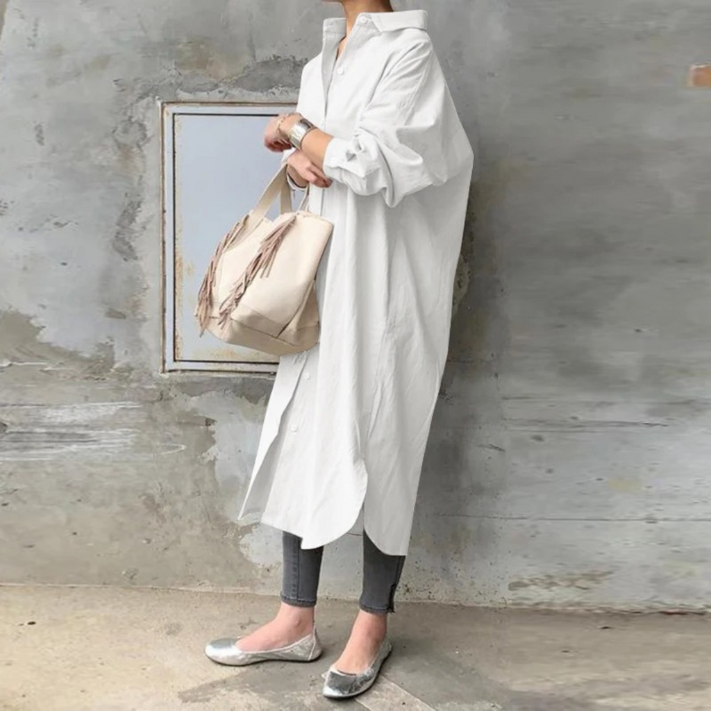 GR | Solid Color Long Shirt Dress with Collar