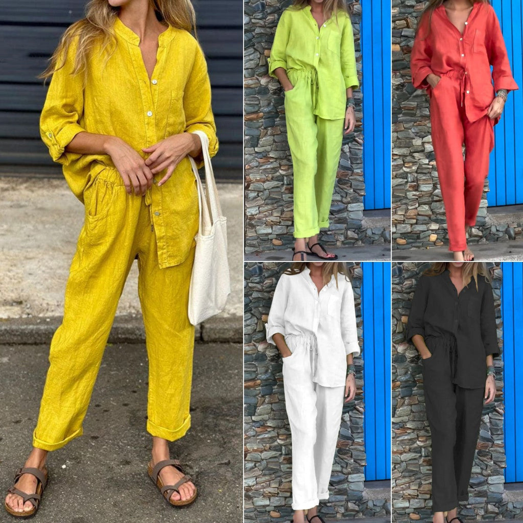 GR | Long-sleeved shirt and trousers in cotton and linen for women