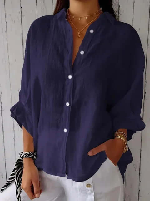 GR | Casual cotton and linen shirt with loop closure for women 