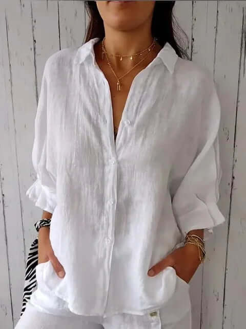 GR | Casual cotton and linen shirt with loop closure for women 