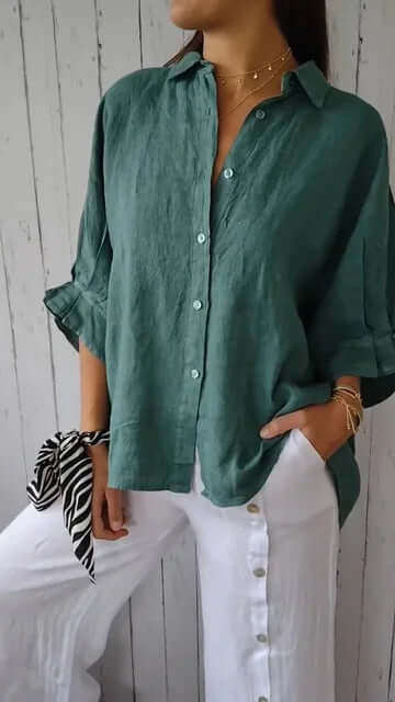 GR | Casual cotton and linen shirt with loop closure for women 