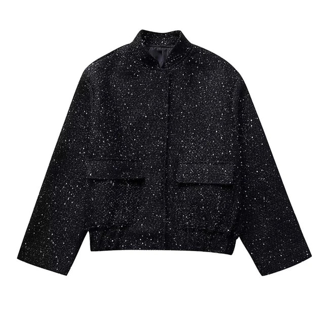 GR - Women's Loose Fit Sequin Gold Bomber Jacket with Stand-Up Collar