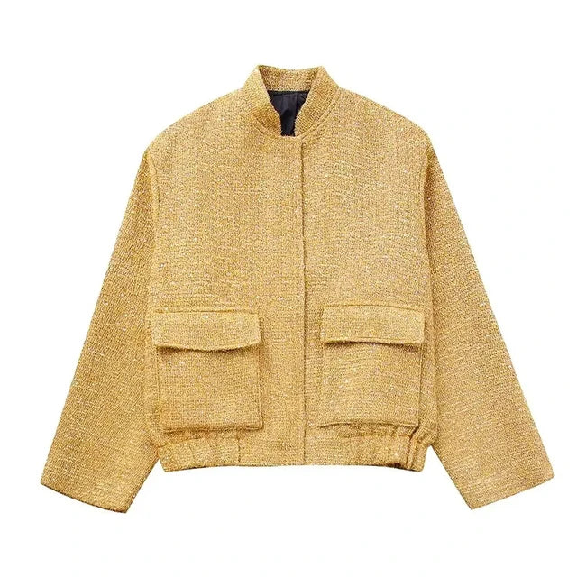 GR - Women's Loose Fit Sequin Gold Bomber Jacket with Stand-Up Collar