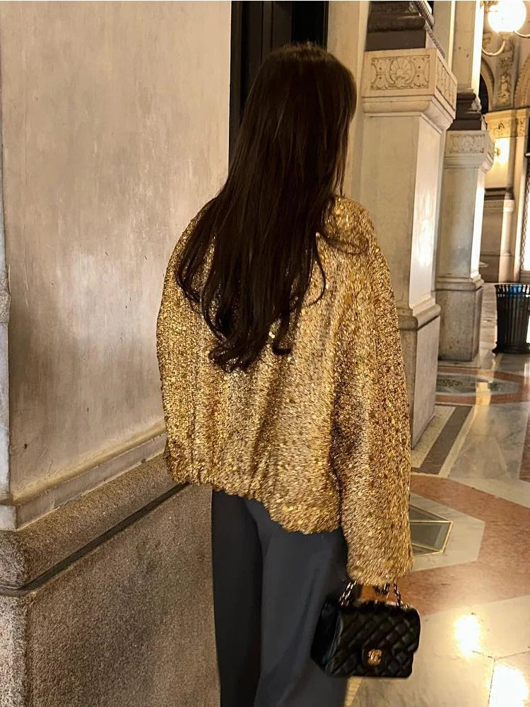 GR - Women's Loose Fit Sequin Gold Bomber Jacket with Stand-Up Collar