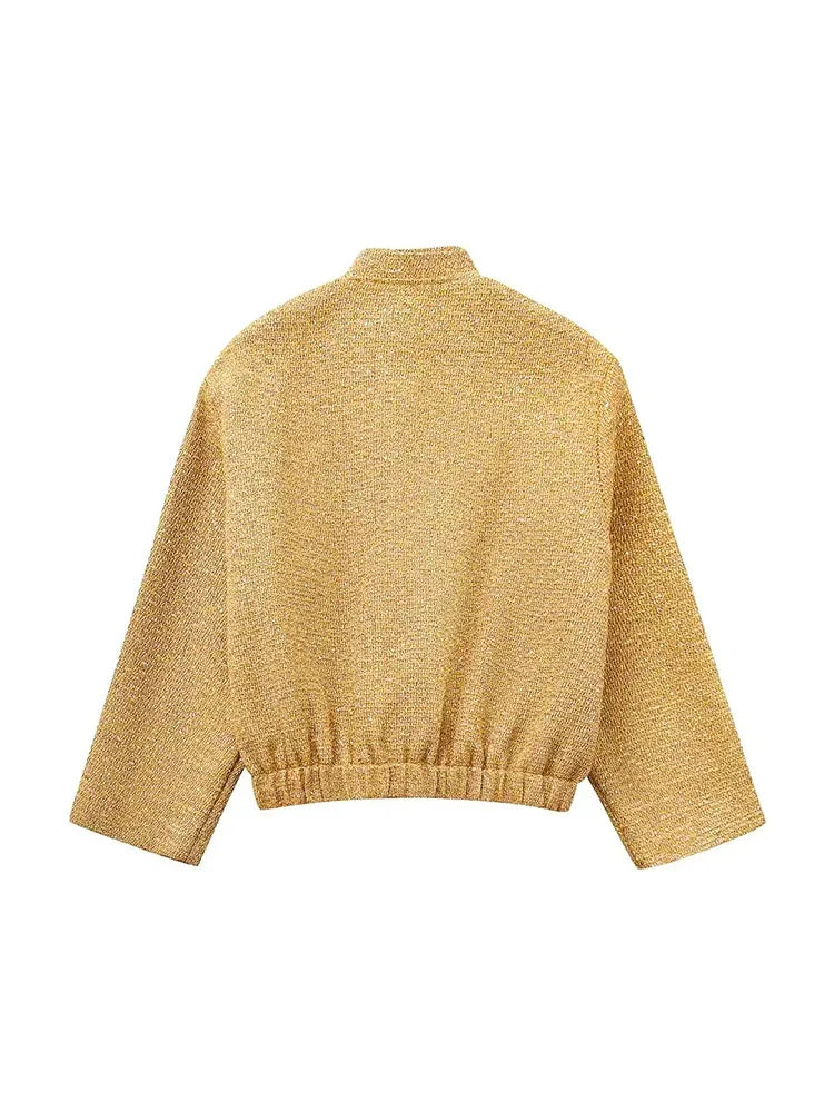 GR - Women's Loose Fit Sequin Gold Bomber Jacket with Stand-Up Collar