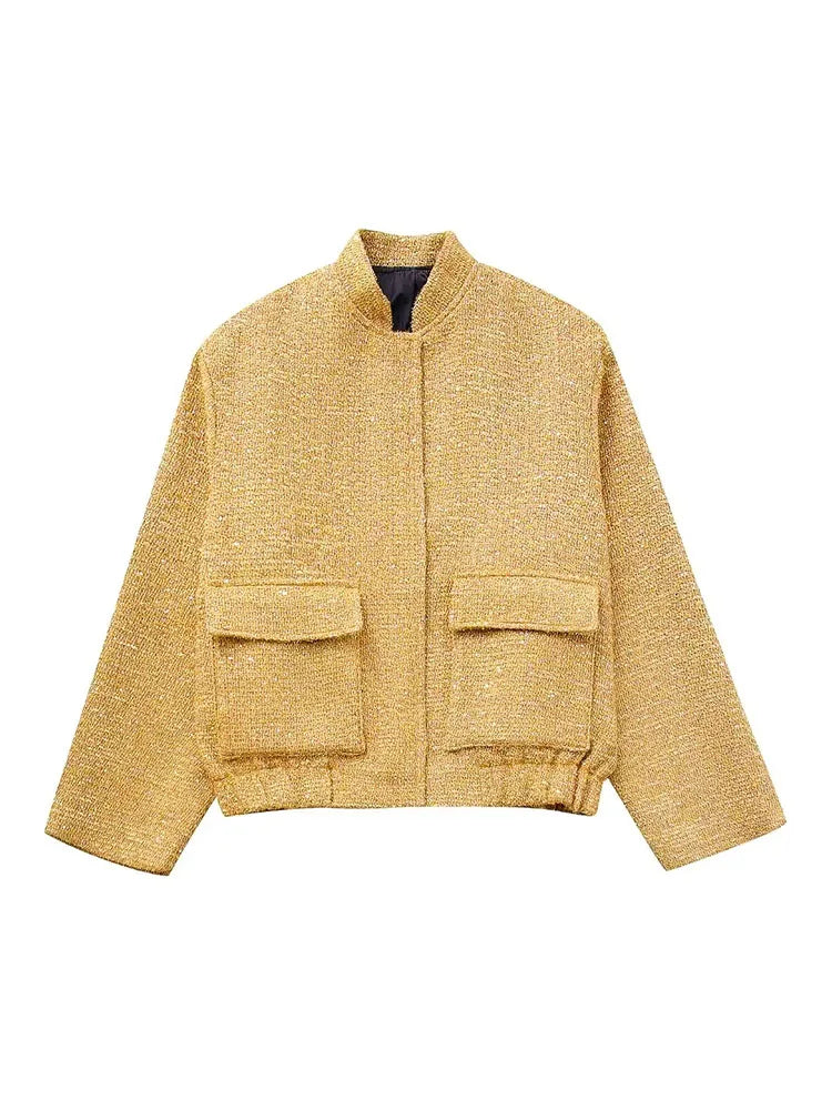 GR - Women's Loose Fit Sequin Gold Bomber Jacket with Stand-Up Collar