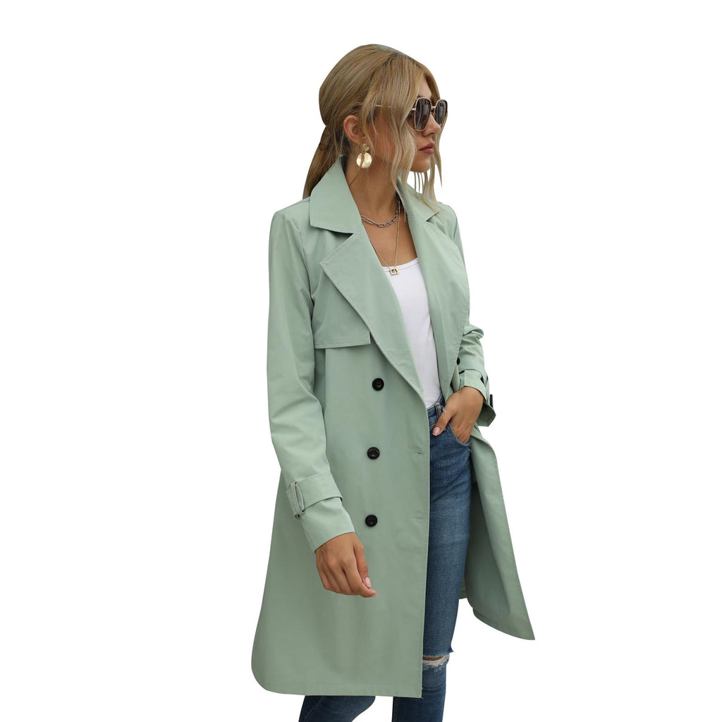 GR | Women's Midi Trench Coat Jacket, Solid Color, with Double-Breasted Button System 