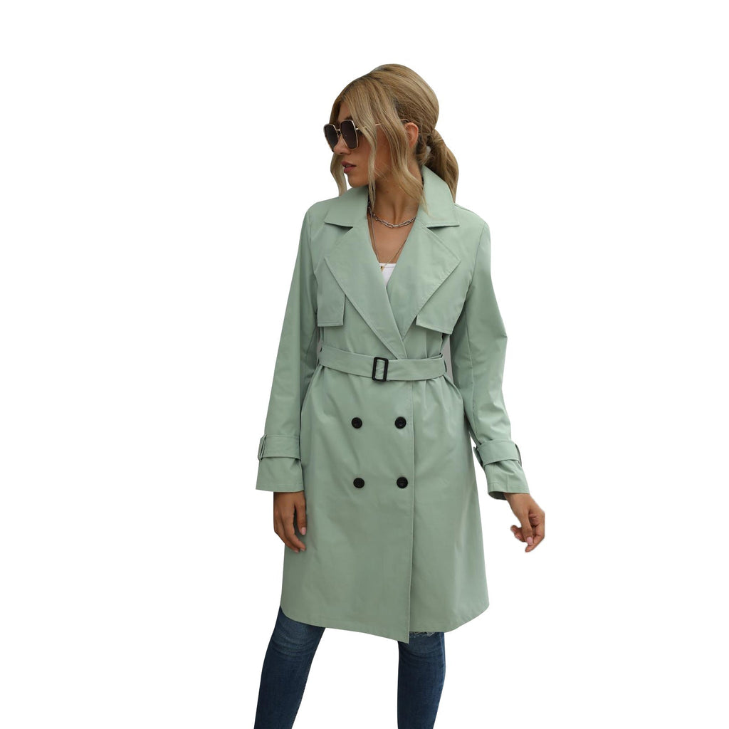 GR | Women's Midi Trench Coat Jacket, Solid Color, with Double-Breasted Button System 