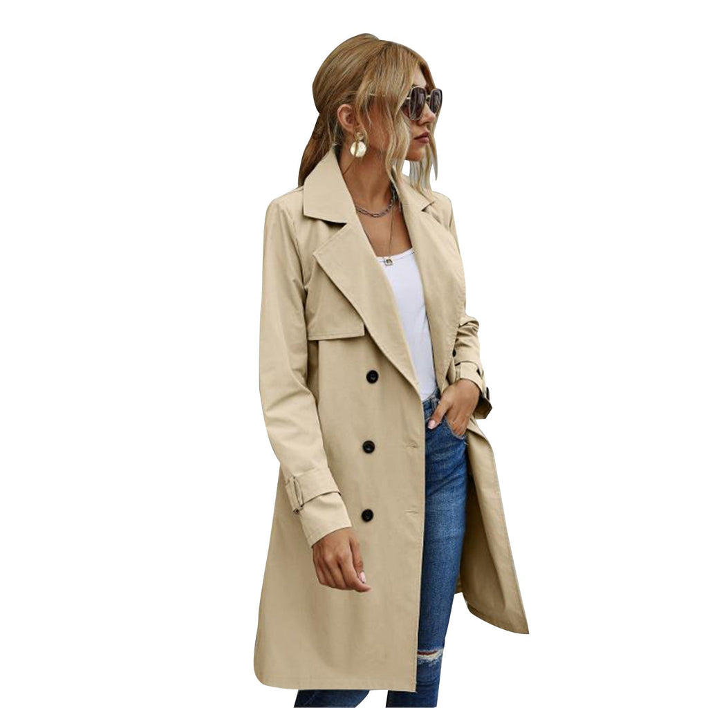 GR | Women's Midi Trench Coat Jacket, Solid Color, with Double-Breasted Button System 