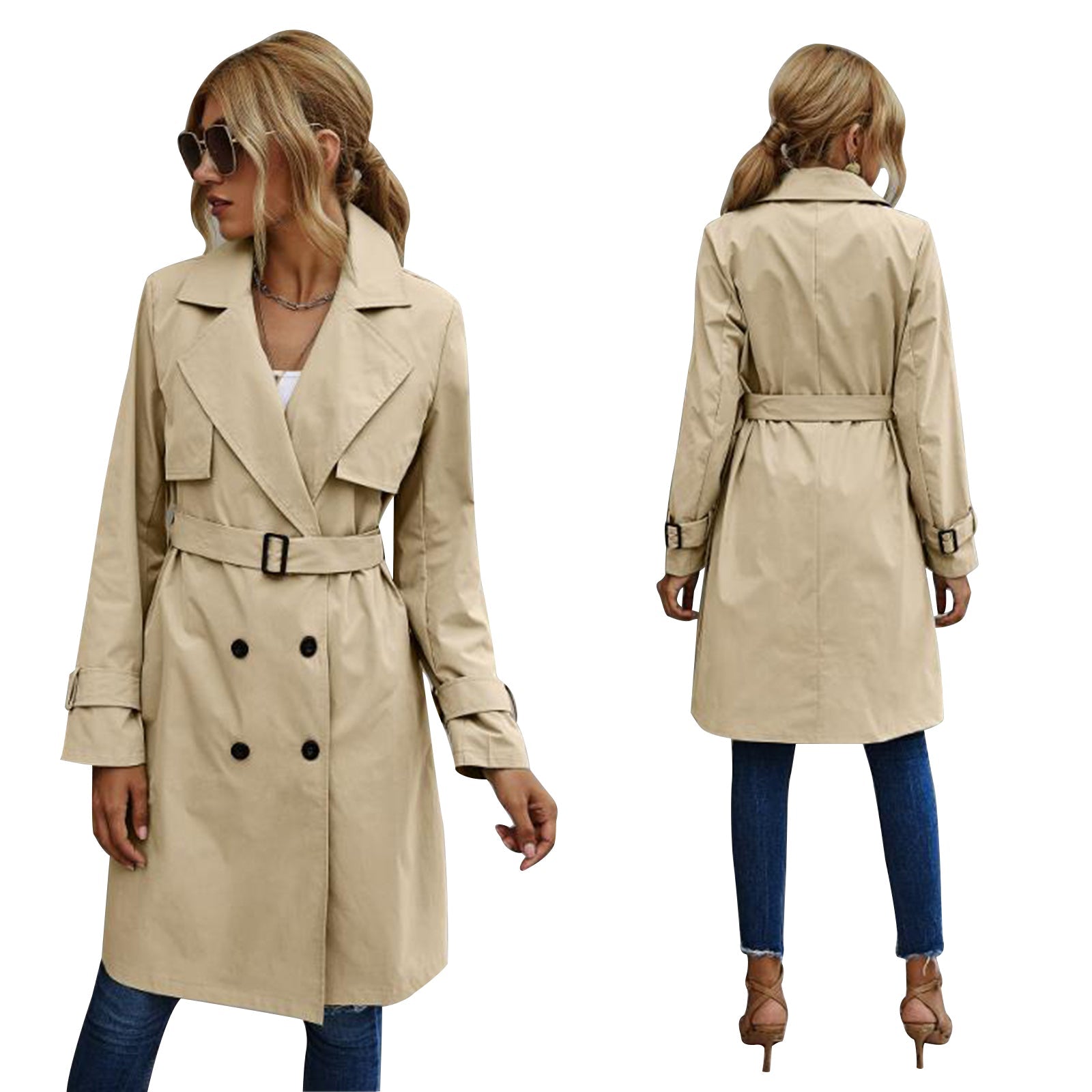 GR | Women's Midi Trench Coat Jacket, Solid Color, with Double-Breasted Button System 