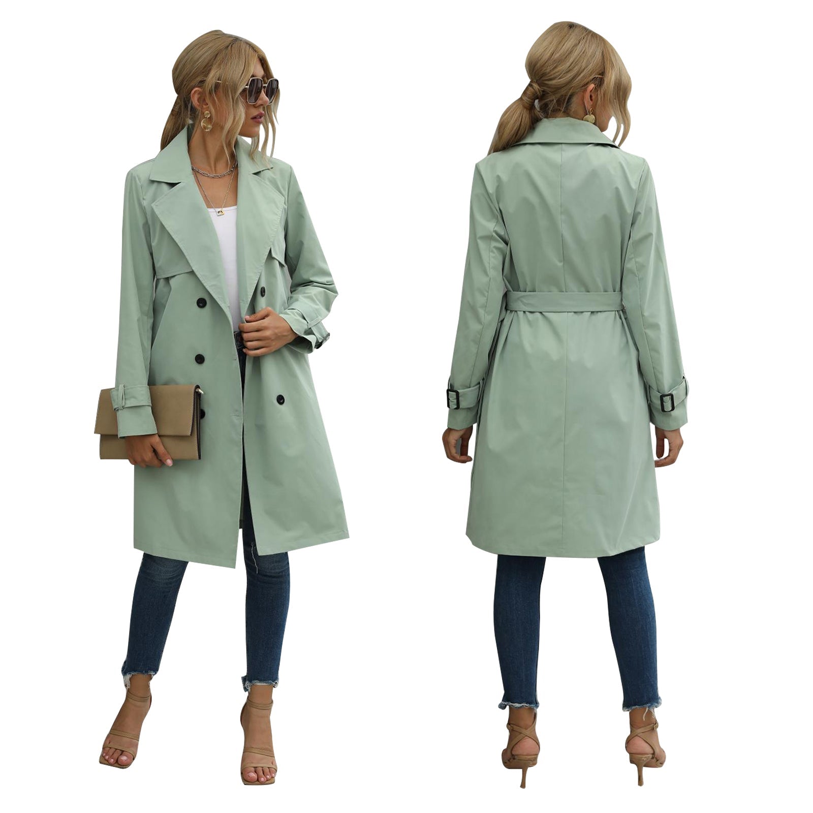 GR | Women's Midi Trench Coat Jacket, Solid Color, with Double-Breasted Button System 