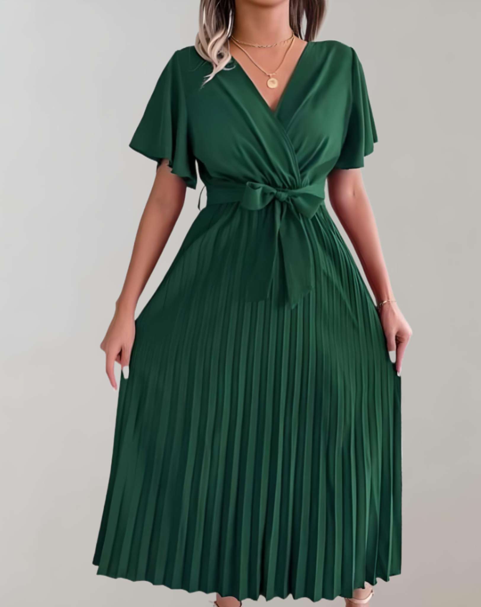 GR | Plissiertes Kleid Mit Weiten Kurzen Ärmeln Und Schleifenband Kleid