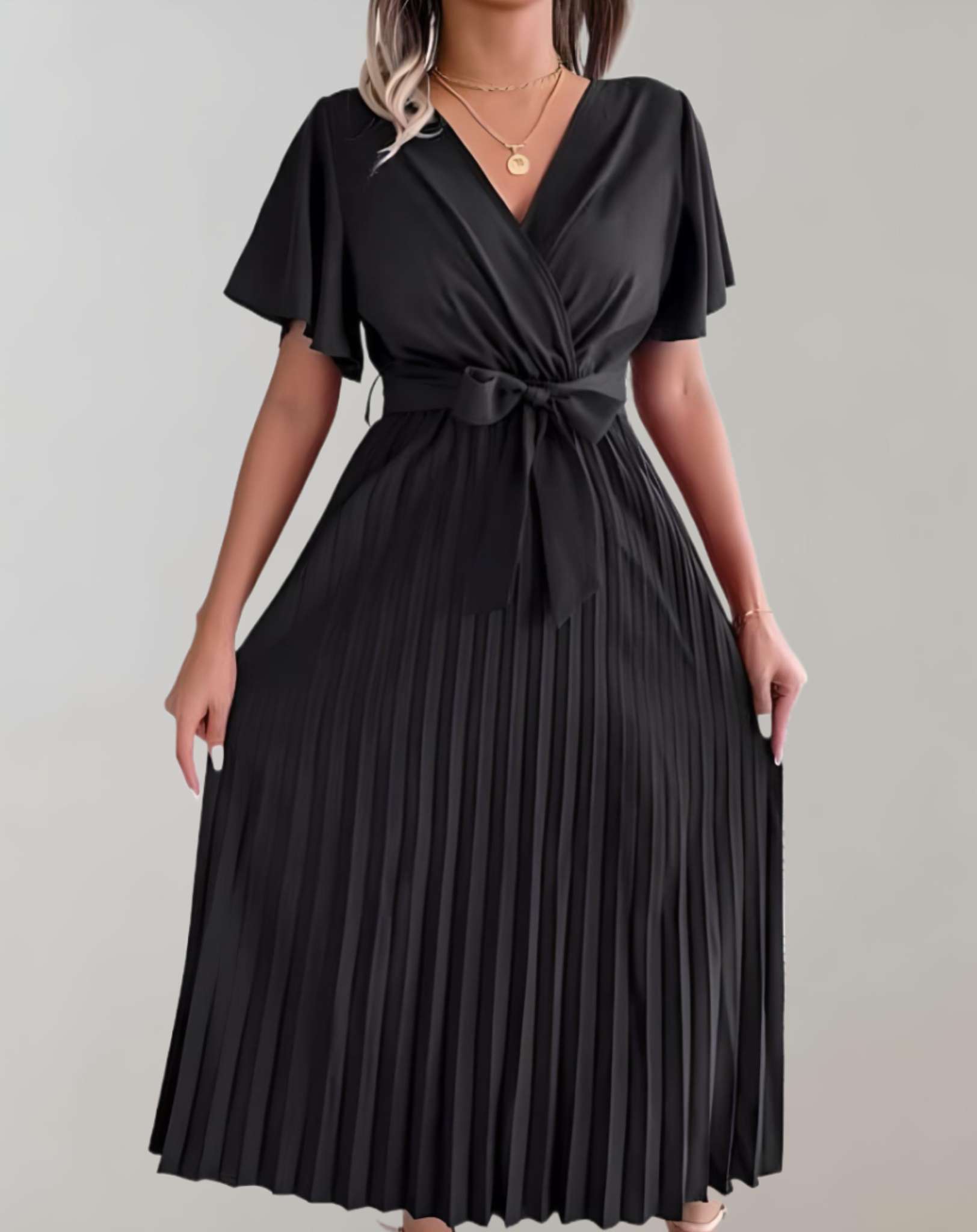 GR | Plissiertes Kleid Mit Weiten Kurzen Ärmeln Und Schleifenband Kleid