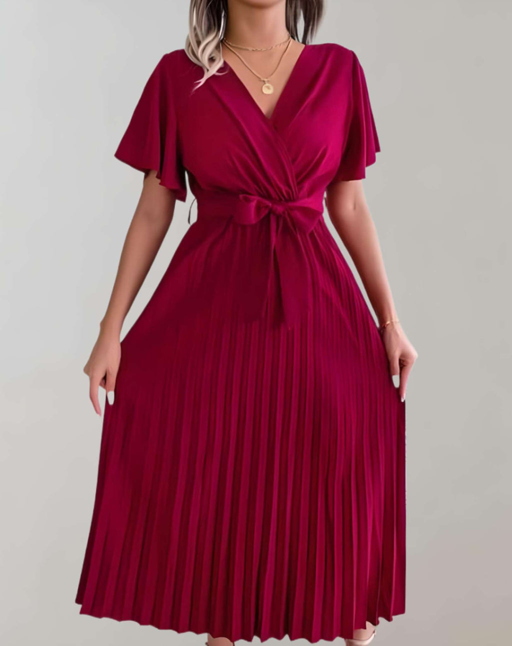 GR | Plissiertes Kleid Mit Weiten Kurzen Ärmeln Und Schleifenband Kleid
