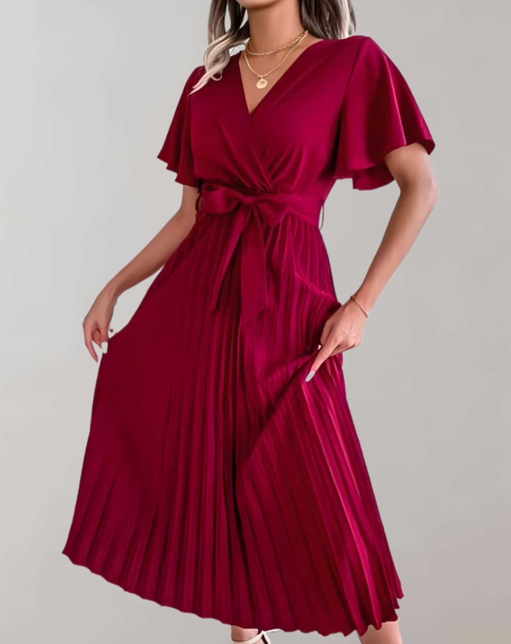 GR | Plissiertes Kleid Mit Weiten Kurzen Ärmeln Und Schleifenband Kleid