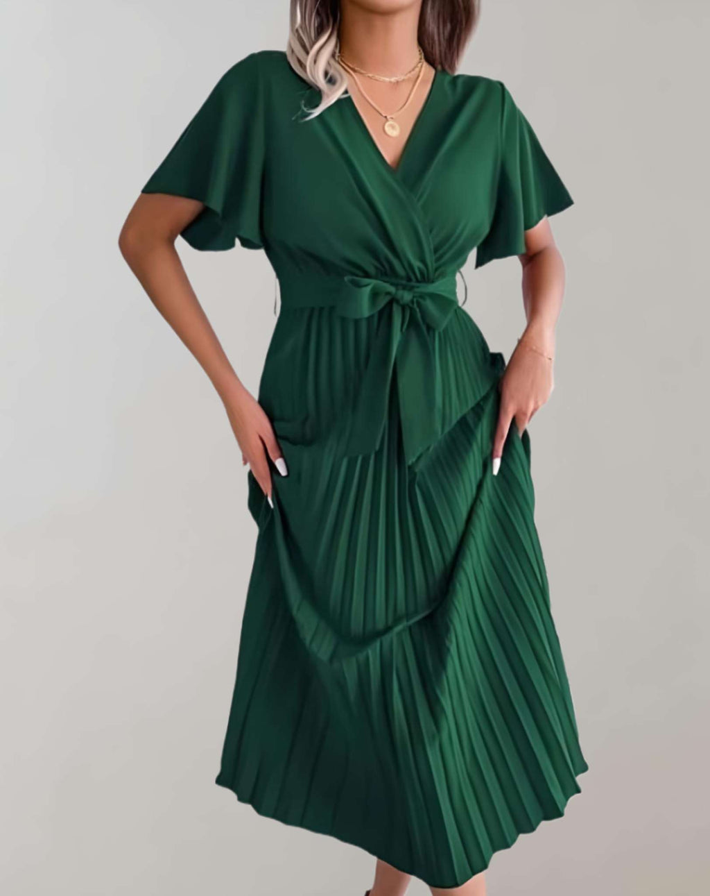 GR | Plissiertes Kleid Mit Weiten Kurzen Ärmeln Und Schleifenband Kleid