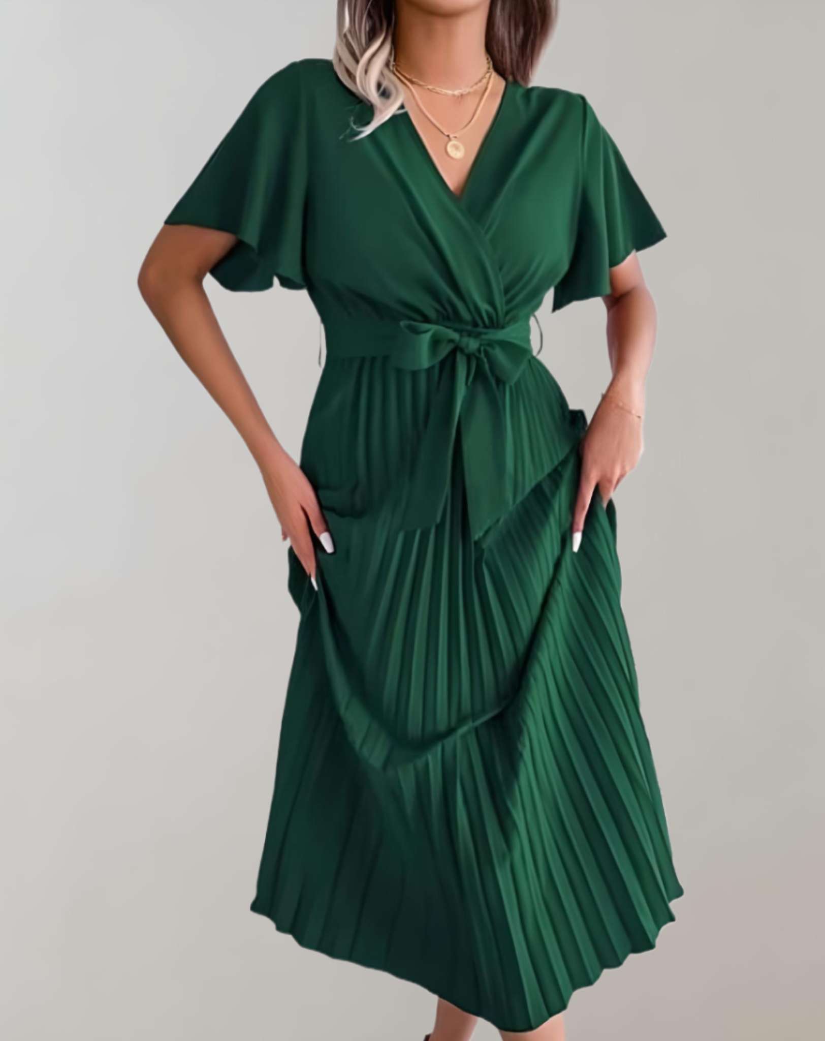 GR | Plissiertes Kleid Mit Weiten Kurzen Ärmeln Und Schleifenband Kleid
