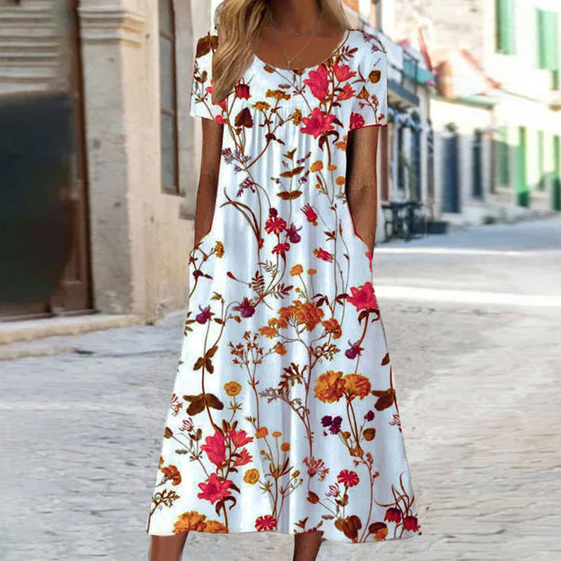 GR – Bohemian-style maxi dress with floral print and pockets | Short-sleeved floral maxi dress in boho-chic style for women
