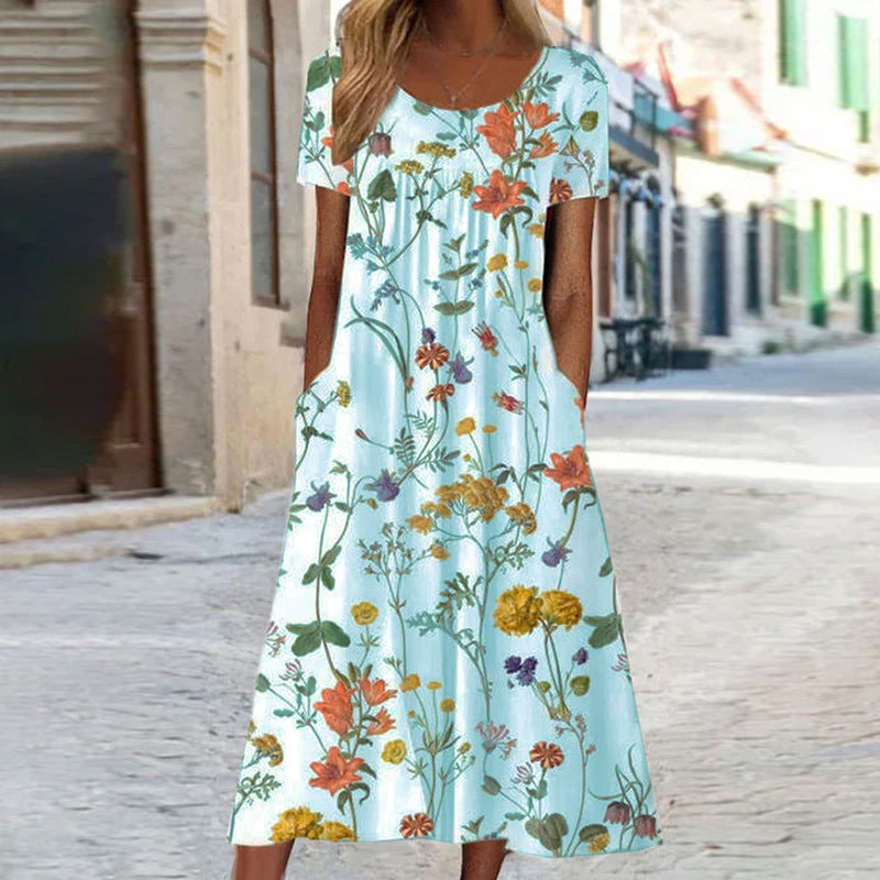 GR – Bohemian-style maxi dress with floral print and pockets | Short-sleeved floral maxi dress in boho-chic style for women