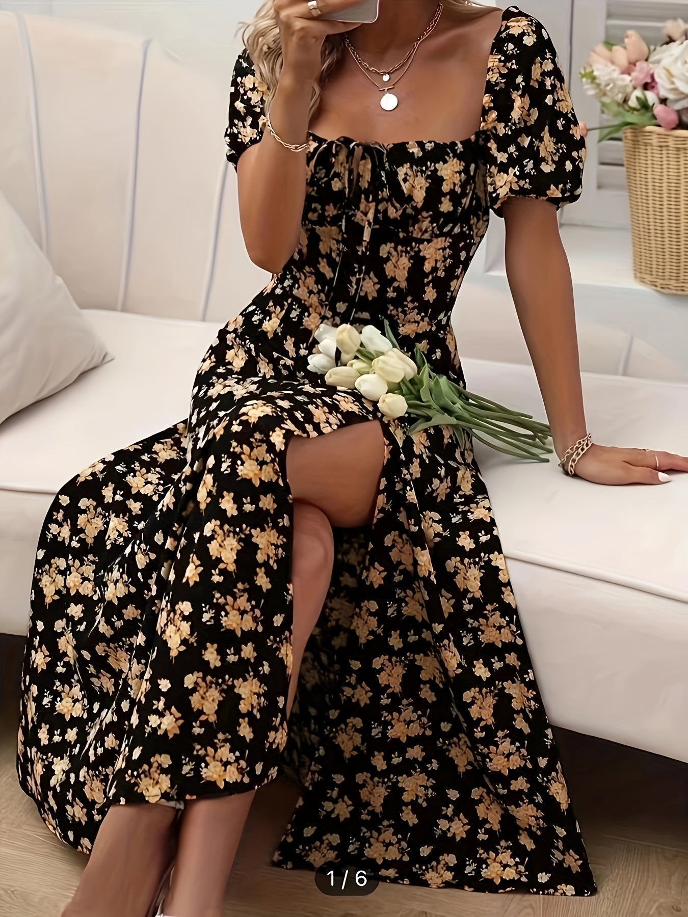 GR | Elegantes Blumenkleid Mit Schlitz Und Puffärmeln Perfekt Für Frühling & Sommer