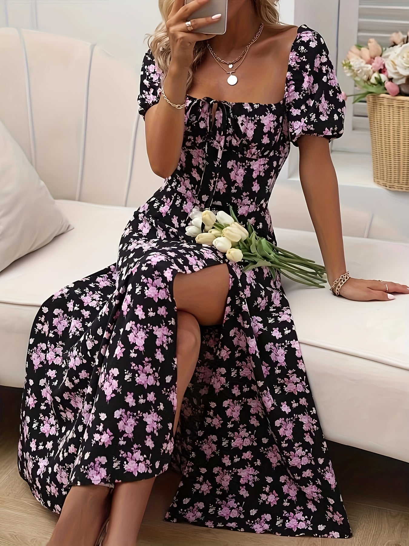 GR | Elegantes Blumenkleid Mit Schlitz Und Puffärmeln Perfekt Für Frühling & Sommer
