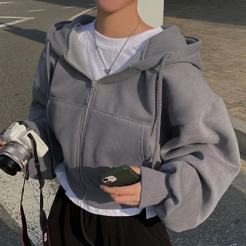 GR | Cropped Hoodie Übergroßer Kapuzenpullover mit Reißverschluss für Frauen