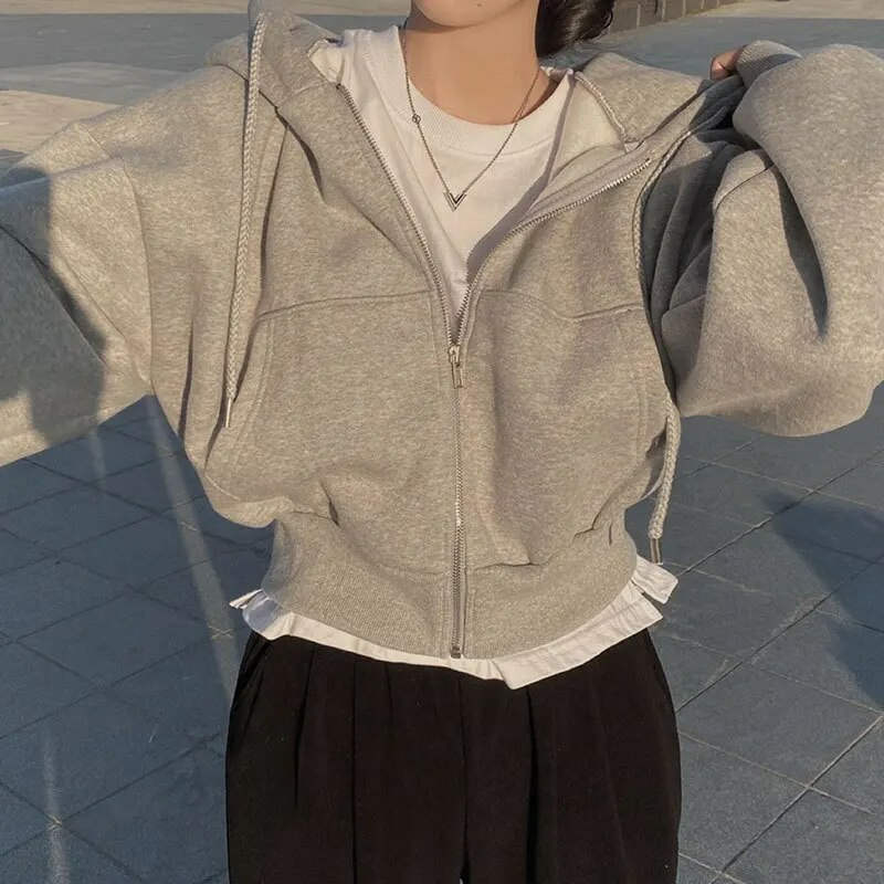 GR | Cropped Hoodie Übergroßer Kapuzenpullover mit Reißverschluss für Frauen