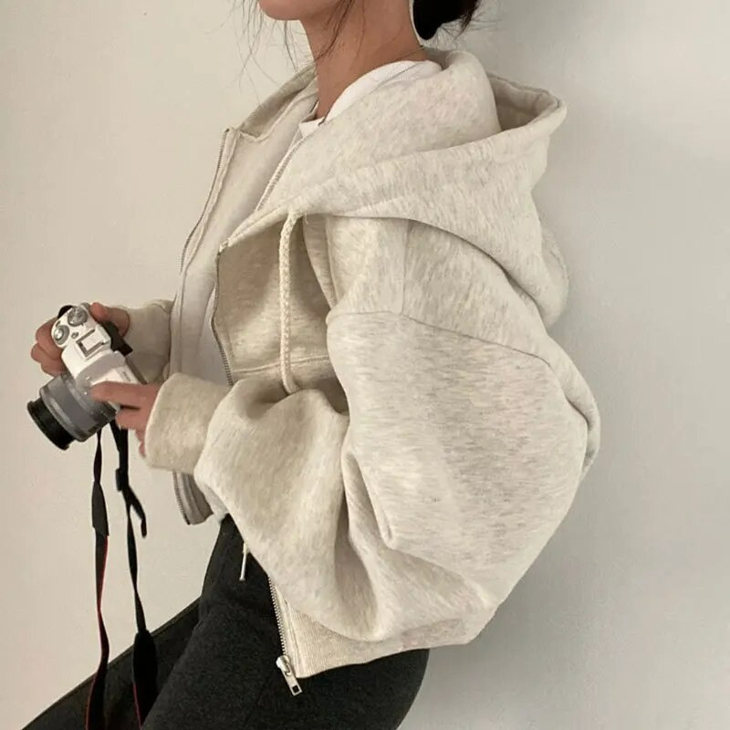 GR | Cropped Hoodie Übergroßer Kapuzenpullover mit Reißverschluss für Frauen