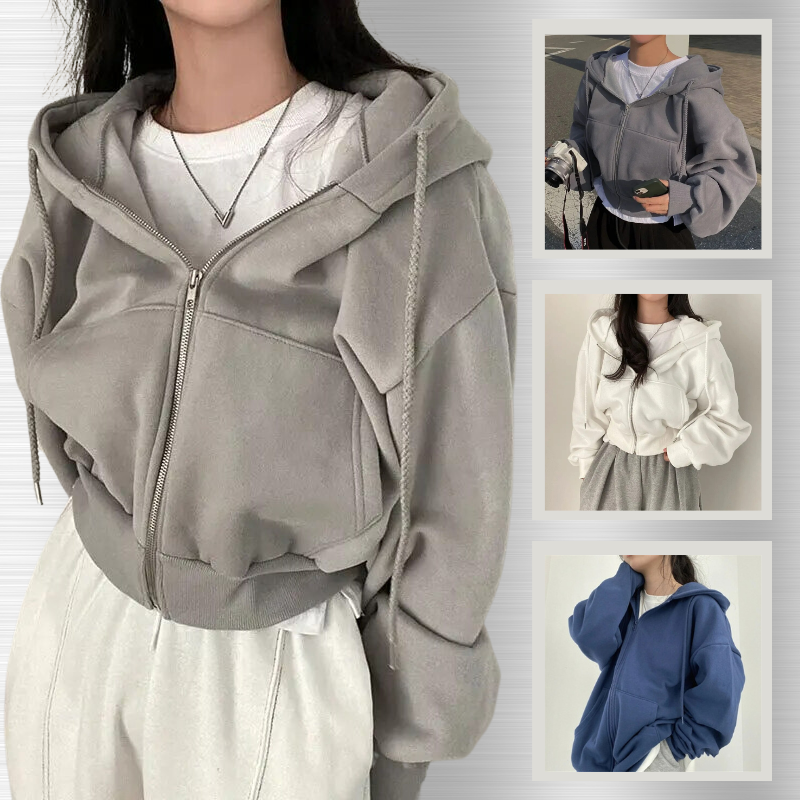 GR | Cropped Hoodie Übergroßer Kapuzenpullover mit Reißverschluss für Frauen