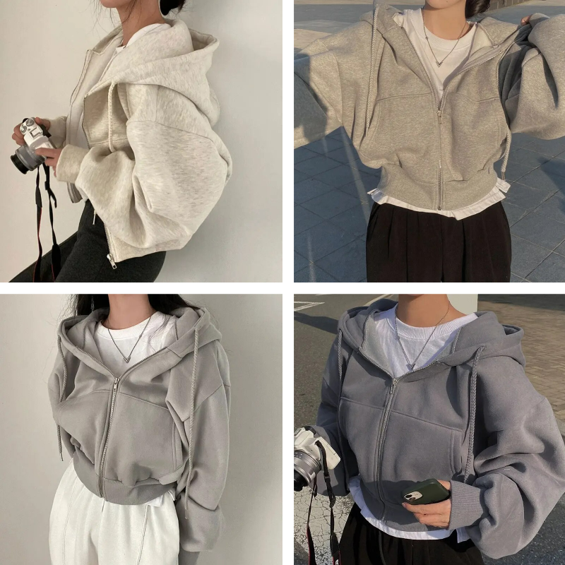 GR | Cropped Hoodie Übergroßer Kapuzenpullover mit Reißverschluss für Frauen