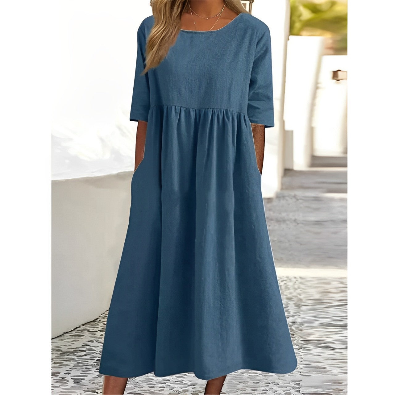 GR | Atmungsaktives Baumwoll-Leinen Vintage Midi-Kleid mit Falten-Design