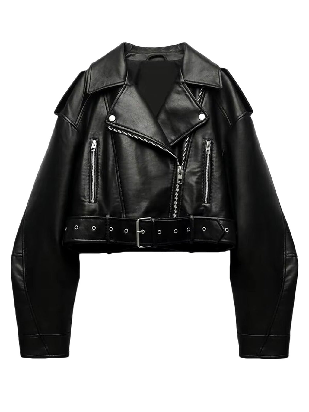 GR | Cropped faux leather biker jacket with belt