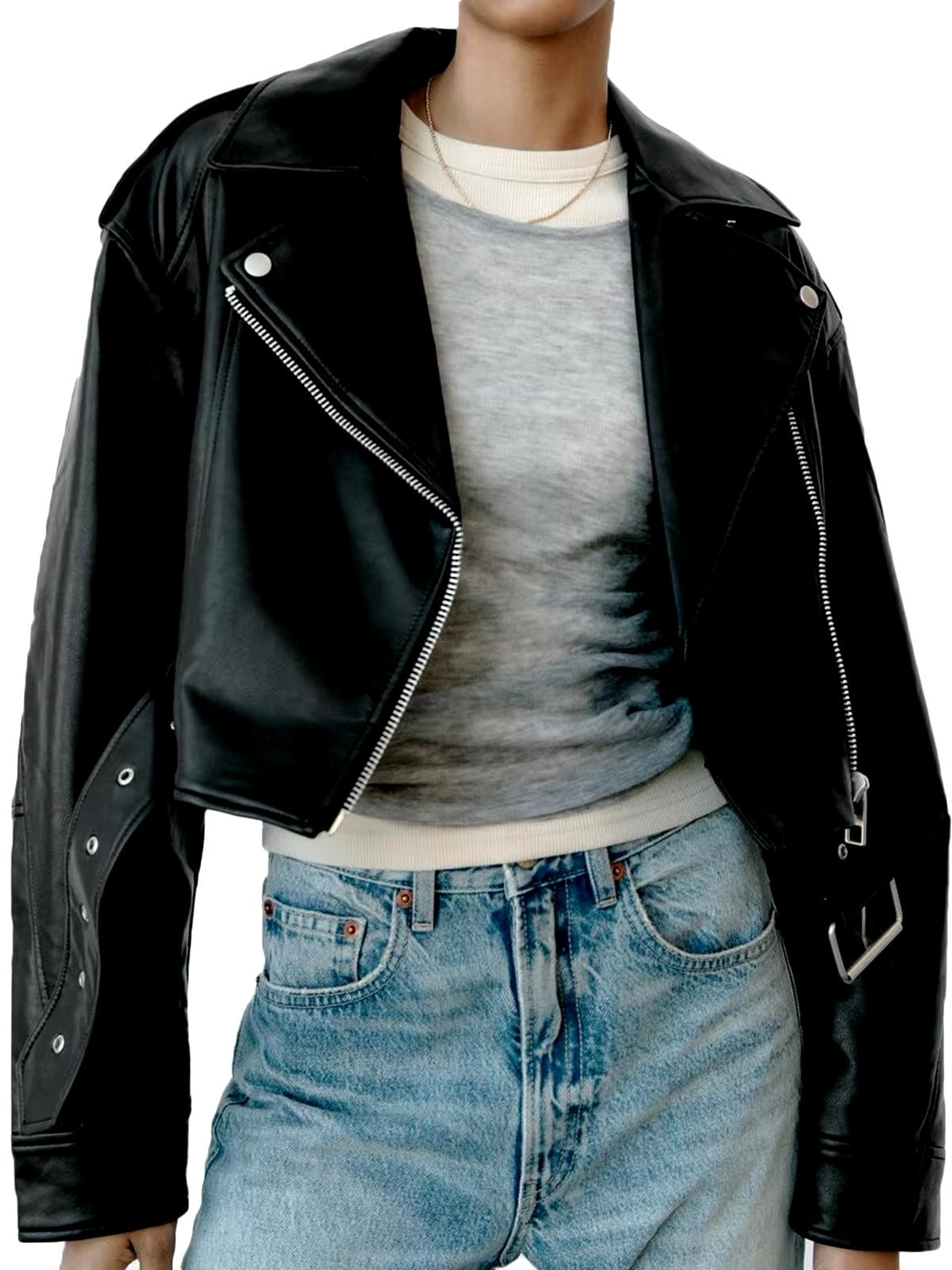 GR | Cropped faux leather biker jacket with belt