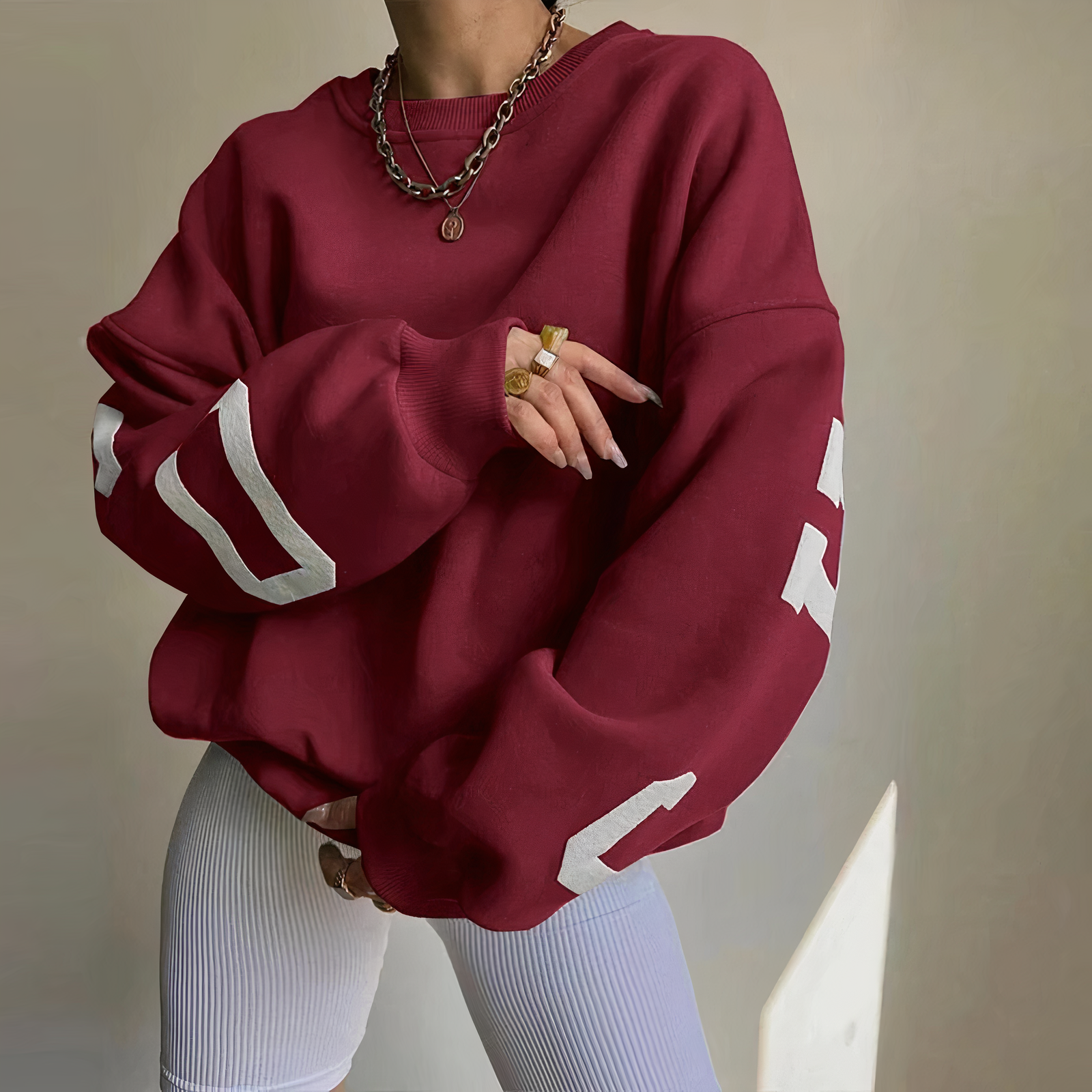 GR - Long-sleeved sweatshirt with printed letters and round neck for women