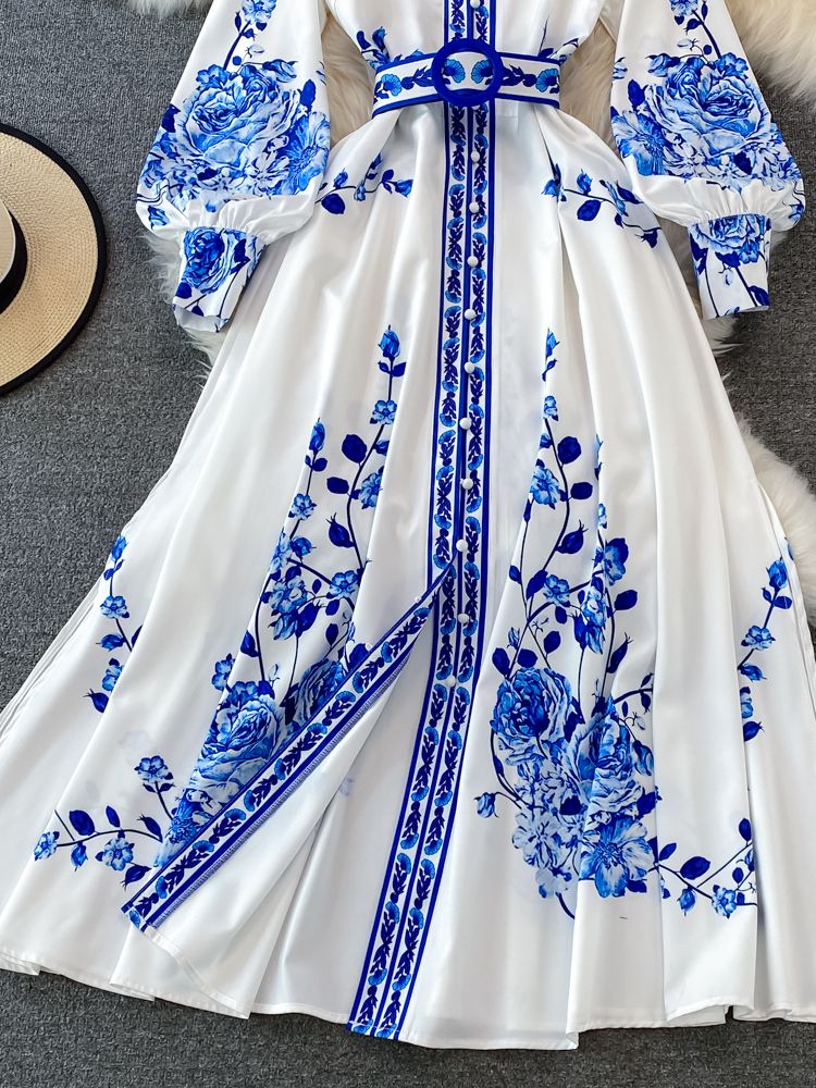 GR Floral Print Dress, Long Lantern Sleeves, Single, Vintage
