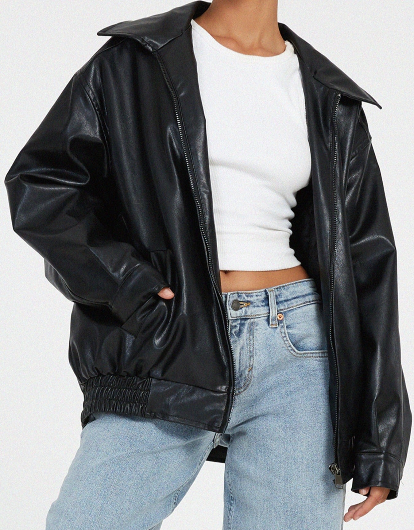 GR | Oversized leather jacket with zipper | Leather bomber jacket | Women's leather jacket