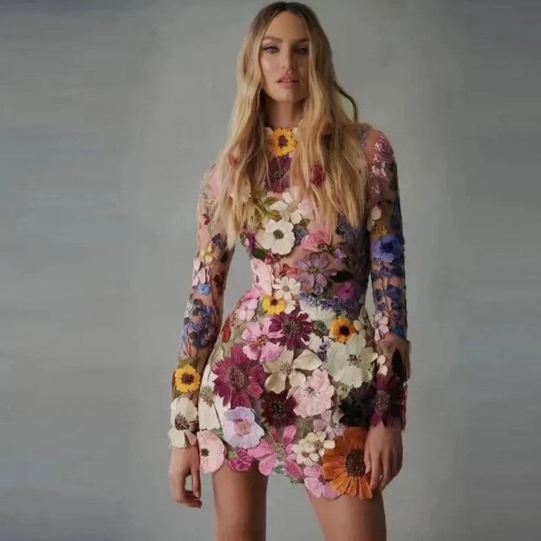 GR | Bestickte, Blümchenverzierte Transparente Minikleid