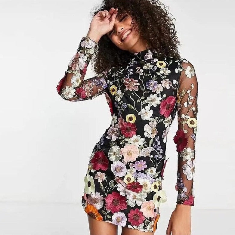 GR | Bestickte, Blümchenverzierte Transparente Minikleid