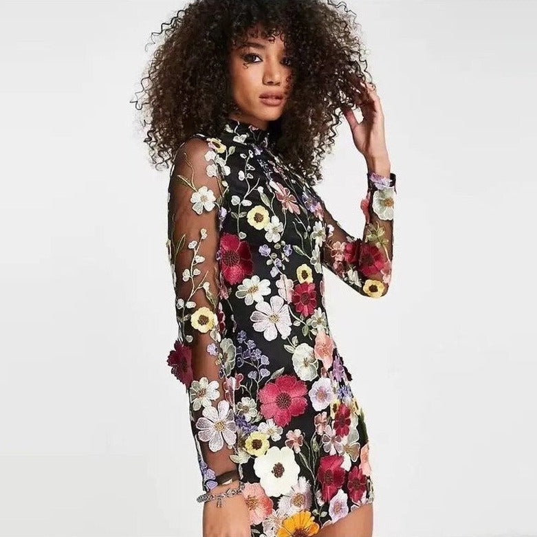 GR | Bestickte, Blümchenverzierte Transparente Minikleid