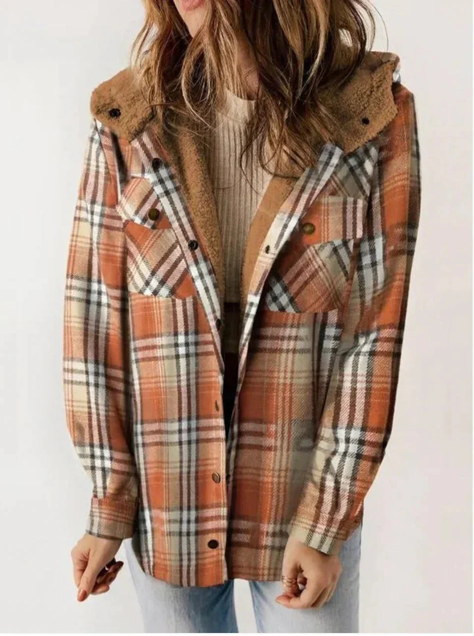 GR | Checkered hooded fleece-lined jacket, women's jacket