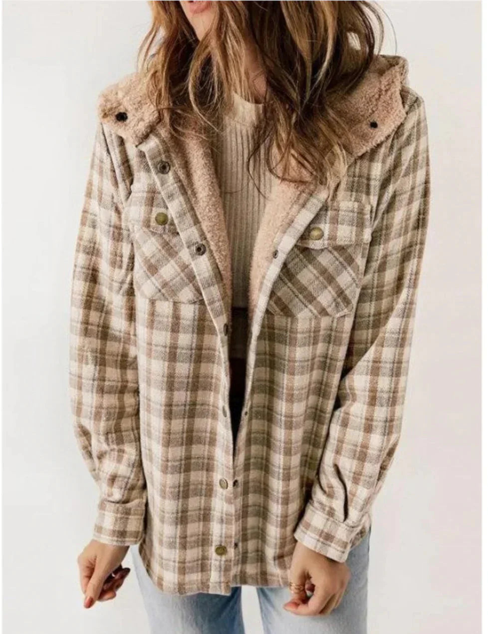 GR | Checkered hooded fleece-lined jacket, women's jacket