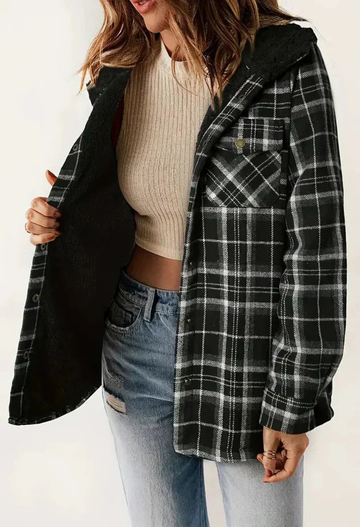 GR | Checkered hooded fleece-lined jacket, women's jacket