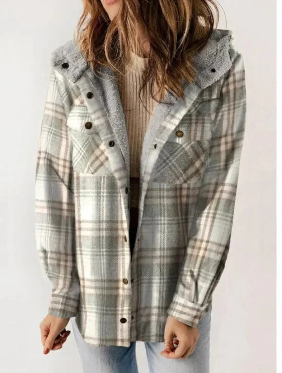 GR | Checkered hooded fleece-lined jacket, women's jacket