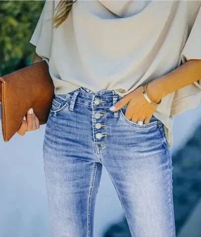 GR | Jeans gewaschen Knopf Damenjeans Jeans mit hoher Taille