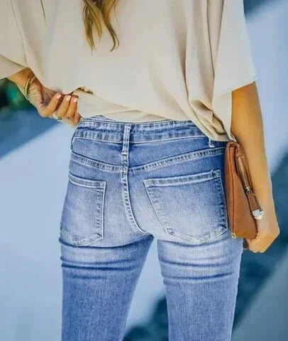 GR | Jeans gewaschen Knopf Damenjeans Jeans mit hoher Taille