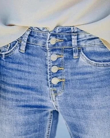 GR | Jeans gewaschen Knopf Damenjeans Jeans mit hoher Taille